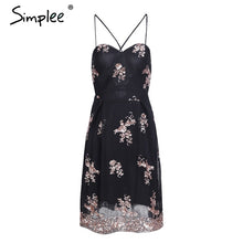 Simplee Sexy mesh embroidery sequin dresses women Elastic strap lace up backless party dress Zipper black mini dress vestidos