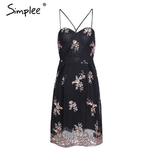Simplee Sexy mesh embroidery sequin dresses women Elastic strap lace up backless party dress Zipper black mini dress vestidos