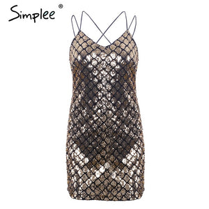 Simplee Strap backless sequin winter dress women Sexy club party dresses female 2018 Christmas mini dress robe femme vestidos
