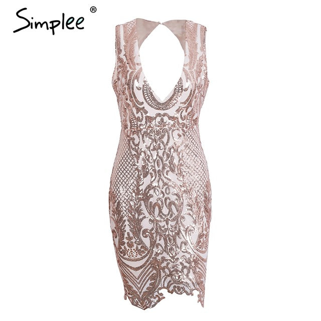 Simplee Sexy hollow out backless party dresses women Sequin v neck club mini dress female Zipper button short dress autumn 2017