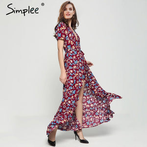 Simplee Sash v neck floral print long dress Women short sleeve split summer dress Streetwear casual boho maxi dress vestidos