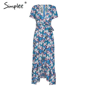 Simplee Sash v neck floral print long dress Women short sleeve split summer dress Streetwear casual boho maxi dress vestidos