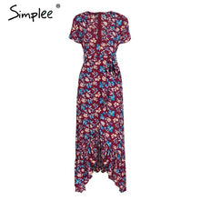 Simplee Sash v neck floral print long dress Women short sleeve split summer dress Streetwear casual boho maxi dress vestidos