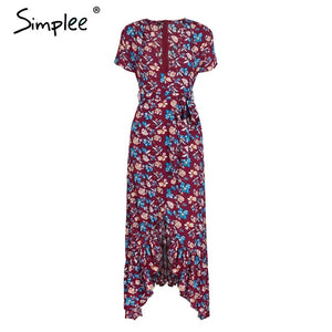 Simplee Sash v neck floral print long dress Women short sleeve split summer dress Streetwear casual boho maxi dress vestidos