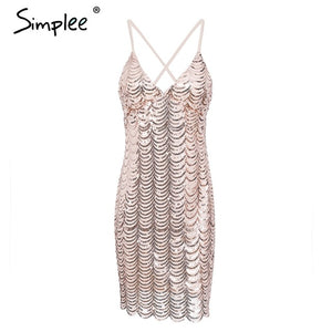 Simplee Sequin strap backless party dress female Summer sexy club women dress 2018 vintage wave mini dress robe femme vestidos