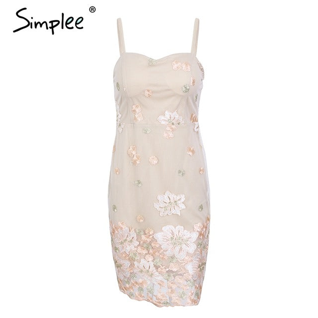 Simplee Mesh embroidery strap summer dress Women backless padded flower mini dress Streetwear zipper short dress vestidos 2018