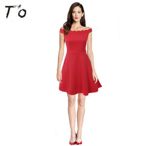 T'O Summer Red Slash Neck Knee Dress Off Shoulder Elegant Club Party Evening Prom Casual Fit and Flare A Line Swing Vestidos 557