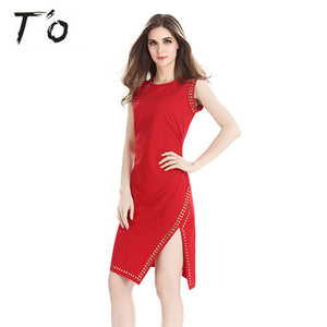 T'O Gold Stamp Woman Dress Summer Sleeveless Side Slit Gold Hems Solid Plus Size Party Club Casual Lady Bodycon Pencil Dress 715