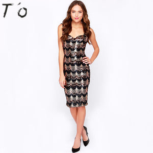 T'O Summer Sexy Wave Sequins V Neck Black Dress Sleeveless Cut Out Nigh Club Party Prom Casual Bodycon Sheath Pencil Dress 616