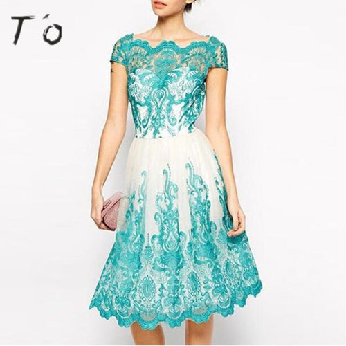 JTCWEAR Summer Woman Lace Blue White Dress Short Sleeve Tunic See Through Party Casual Office Lace Hem Ruffle Swing Dress 727