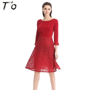 T'O Spring Summer New Lace Long Sleeve Dress O Neck V Back Tunic Solid Party Office Lady Work Business A Line Swing Dress 714