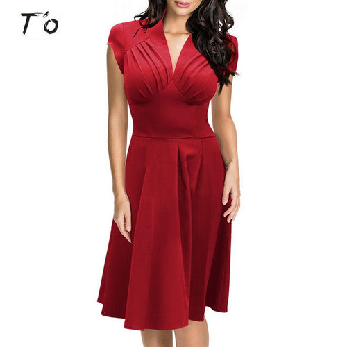 T'O 2016 New! Elegant Vintage Womens Ruffled Deep-V Neck Cap Sleeve A-Line Bridesmaid Party Tunic Big Swing Midi Dress 179