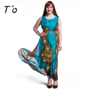 T'O Summer Plus Size M-9XL Peacock Chiffon Bohemian Long Beach Dress Sleeveless  Party Vacation Robe Big Swing Maxi Dresses 391