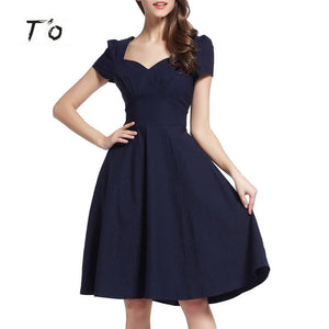 T'O New Fashion Woman Elegant V Neck Short Sleeve Solid Dark Blue Tunic Pinup Lady Dresses Causal Party Swing Cotton Dress 269