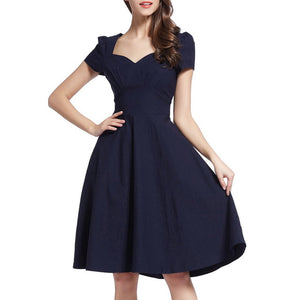 T'O New Fashion Woman Elegant V Neck Short Sleeve Solid Dark Blue Tunic Pinup Lady Dresses Causal Party Swing Cotton Dress 269