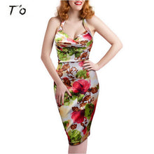 T'O 2016 New Womens Retro Vintage Sexy Deep-V Neck Halter Flare Floral Sleeveless Backless Party Club Pencil Dress 180