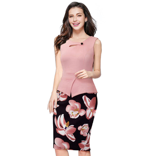 Summer Elegant Women Business Dress Pink Print Floral Tunic Bodycon Sheath Casual Pencil Dresses Plus Size B288