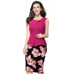 Summer Elegant Women Business Dress Pink Print Floral Tunic Bodycon Sheath Casual Pencil Dresses Plus Size B288