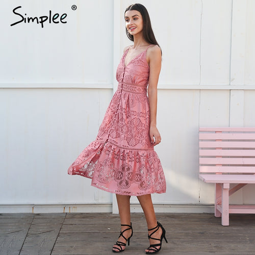 Simplee Strap sexy lace summer dress women V neck button casual white dress female Backless streetwear midi dress vestidos 2018