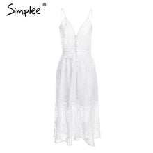 Simplee Strap sexy lace summer dress women V neck button casual white dress female Backless streetwear midi dress vestidos 2018
