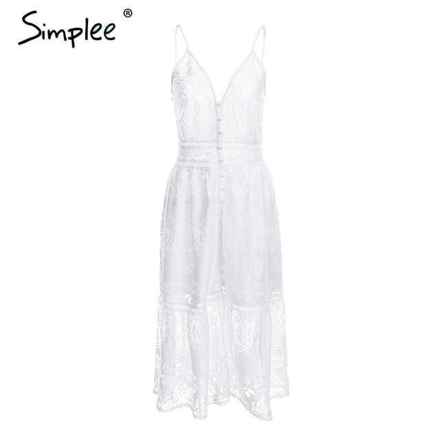 Simplee Strap sexy lace summer dress women V neck button casual white dress female Backless streetwear midi dress vestidos 2018