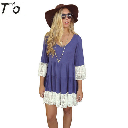 T'O Lace Sleeve Hems Ruched 3/4 Sleeve Mini Dress Lady O Neck Patchwork Loose Casual Fashion Street Party Above Knee Dress 370