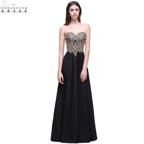 Robe de Soiree Longue Sexy Sheer Back Navy Black Lace Long Evening Dress 2017 Cheap A Line Appliques Embroidery Evening Gowns