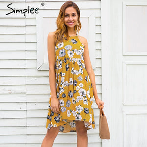 Simplee Halter floral print mini dress women Summer style casual boho dress 2018 Spring clothes beach short dress vestidos