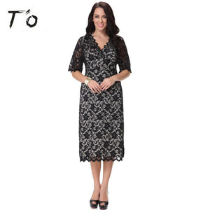 T'O Plus Size XL-7XL Elegant Woman Summer Black Lace Sexy V Neck Hook Hollow out Casual Party Club bodycon Dresses 393