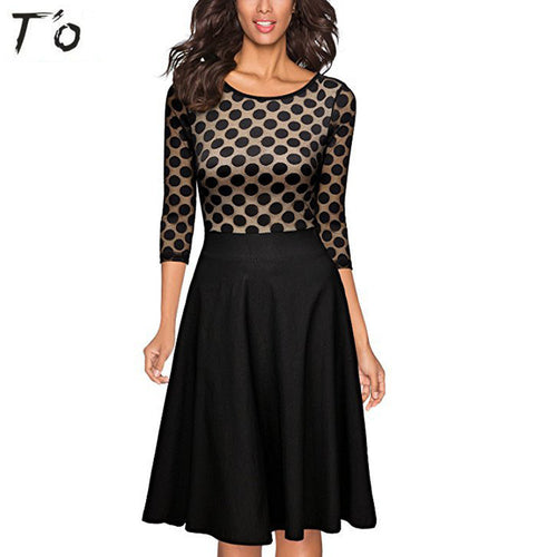 T'O 3/4 Sleeve Summer Lace Polka Dot Dress O Neck Tunic See Through Sleeve Party Club Office Work Casual Lady Swing Dress 658