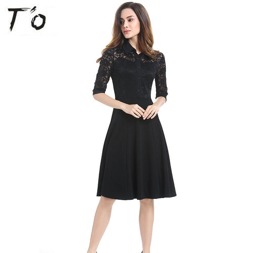 T'O Autumn Turn-down Collar Dress Elegant Buttoned Fit & Flare Lace See Through 3/4 Sleeve Tunic Office Lady Business Dress 710