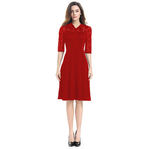 T'O Autumn Turn-down Collar Dress Elegant Buttoned Fit & Flare Lace See Through 3/4 Sleeve Tunic Office Lady Business Dress 710