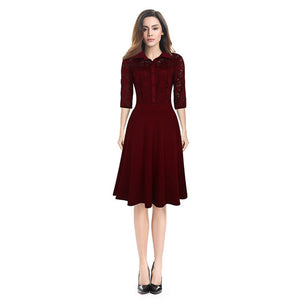T'O Autumn Turn-down Collar Dress Elegant Buttoned Fit & Flare Lace See Through 3/4 Sleeve Tunic Office Lady Business Dress 710