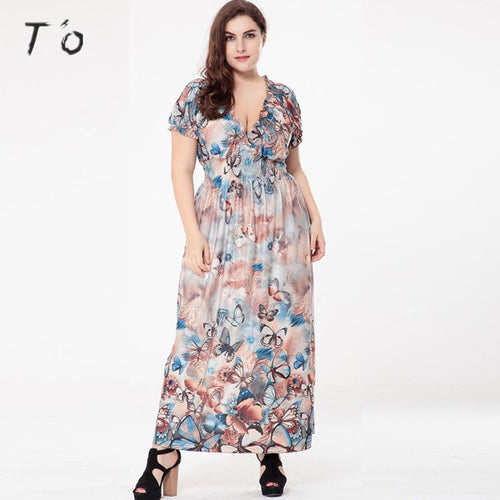 T'O Butterfly Plus Size Loose V Neck Ruffles Ruched Short Sleeve Tunic Bohemia Boho Party Club Maxi Floor Beach Long Dress 510