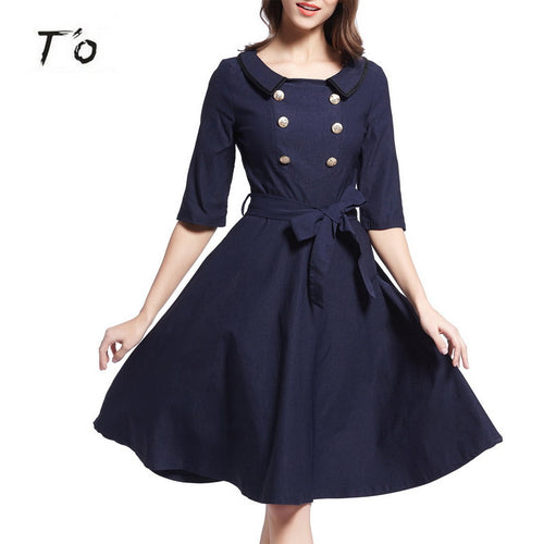 T'O Girl Lady Britan Style Half sleeve Solid Doll Collar Sash Big Swing Double-Breasted Button Casual Fit and Flare Dress 194