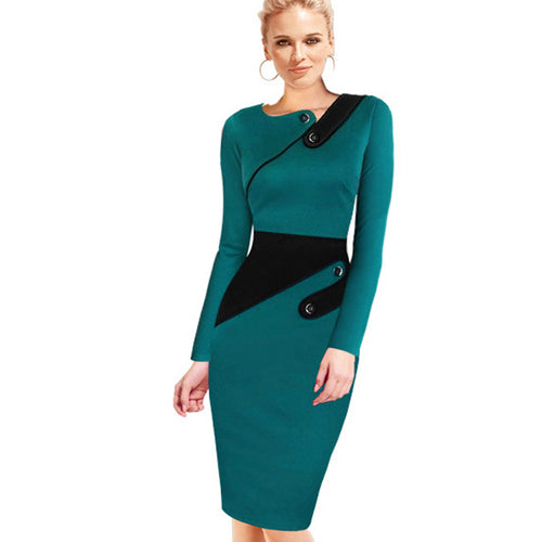 Black Dress Tunic Women Formal Work Office Sheath Patchwork Line Asymmetrical Neck Knee Length Plus Size Pencil Dress B63 B231